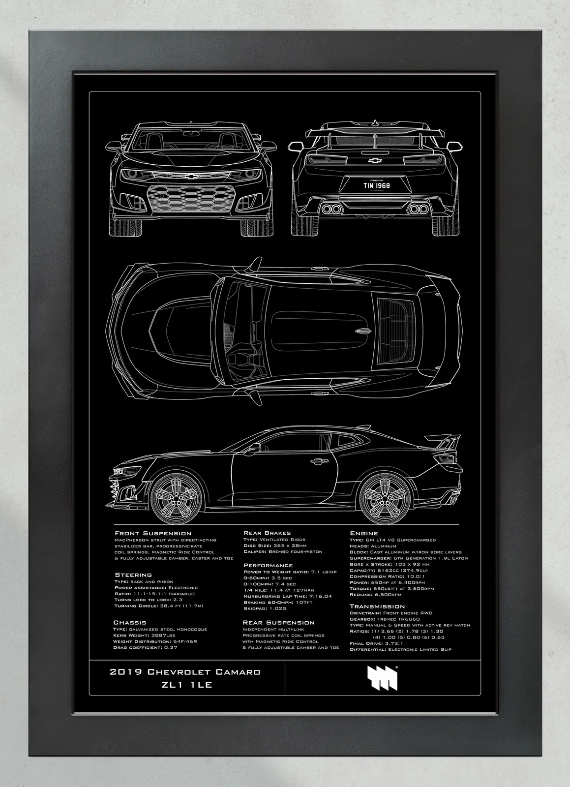 2019 Chevrolet Camaro ZL1 1LE, in the collector's frame, portrait